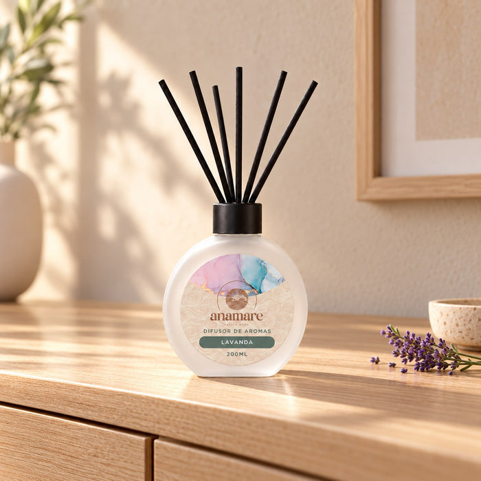 Difusor de Aromas Lavanda 200 mL, frasco de vidro fosco com varetas pretas
