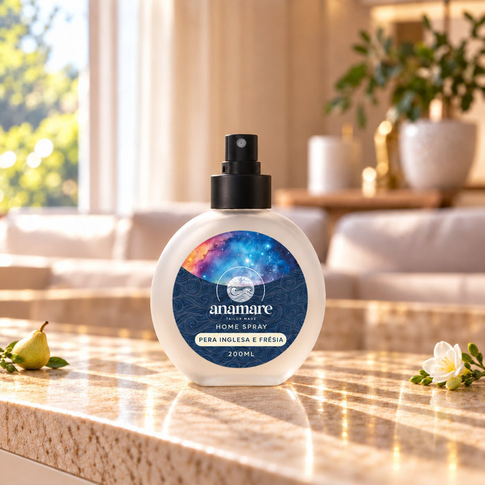 Home Spray Pera Inglesa e Frésia 200 mL, frasco de vidro fosco com válvula preta, sobre bancada de granito na sala