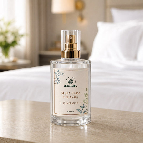 Água de Lençóis Anamare Chá Branco, frasco de vidro de 200 mL com válvula spray dourada e rótulo cru, em canto sereno com porcelana clara