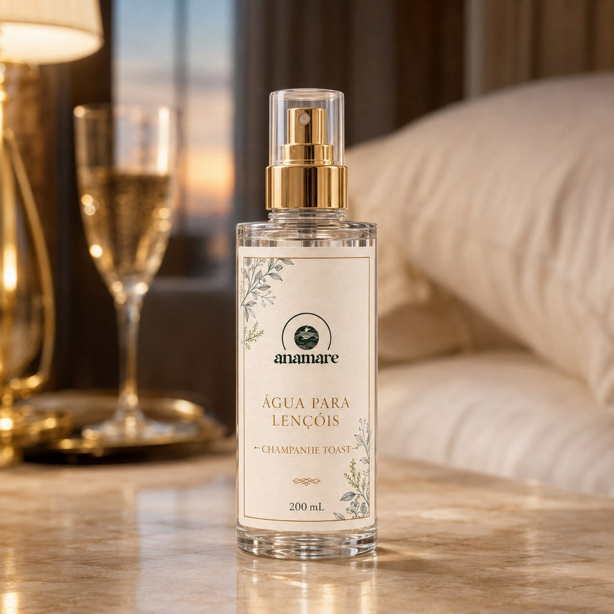 Água de Lençóis Anamare Champanhe Toast, frasco de vidro de 200 mL com válvula spray dourada e rótulo cru, em quarto com vista para o pôr do sol e taça de champanhe