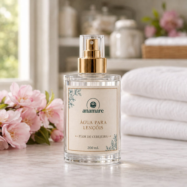 Água de Lençóis Anamare Flor de Cerejeira, frasco de vidro de 200 mL com válvula spray dourada e rótulo cru, em quarto com galho de cerejeira em flor