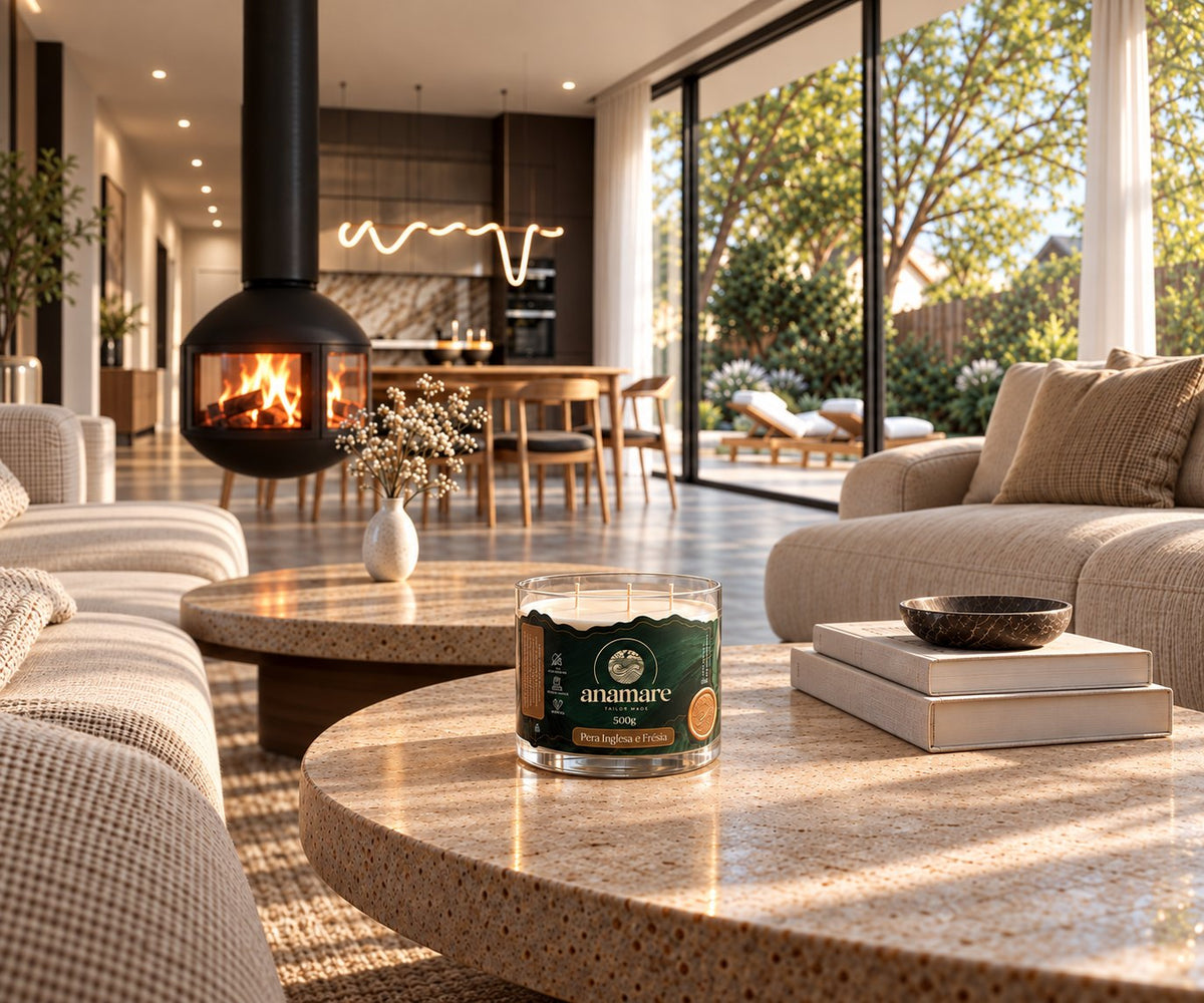 Vela aromática Signature 500 g Pera Inglesa e Frésia na mesa de centro da sala, com lareira ao fundo