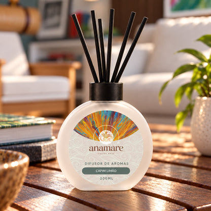 Difusor de Aromas Anamare 200 mL Capim Limão, de perto, com varetas pretas