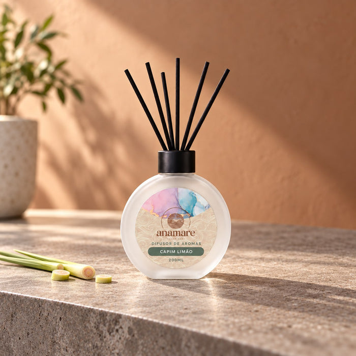 Difusor de Aromas Capim Limão 200 mL, frasco de vidro fosco com varetas pretas