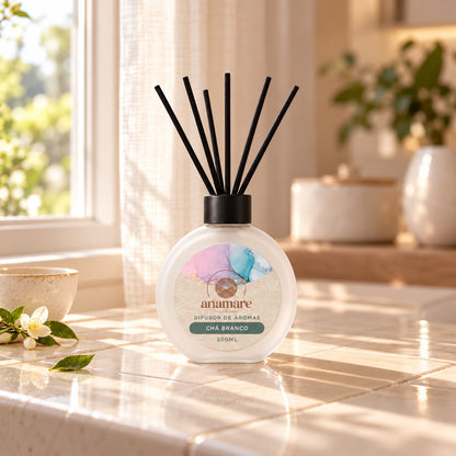 Difusor de Aromas Chá Branco 200 mL, frasco de vidro fosco com varetas pretas