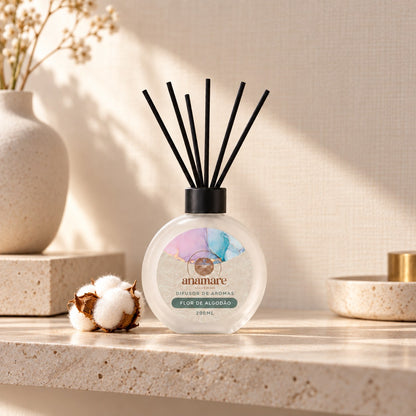 Difusor de Aromas Flor de Algodão 200 mL, frasco de vidro fosco com varetas pretas