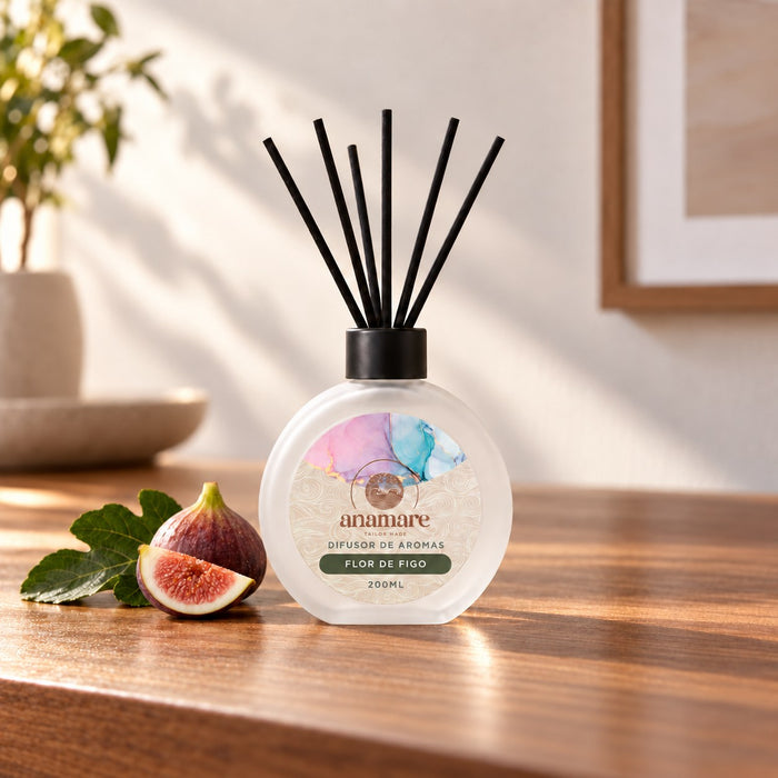Difusor de Aromas Flor de Figo 200 mL, frasco de vidro fosco com varetas pretas