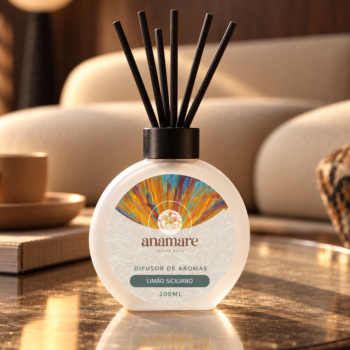 Difusor de Aromas Anamare 200 mL Limão Siciliano, de perto, com varetas pretas