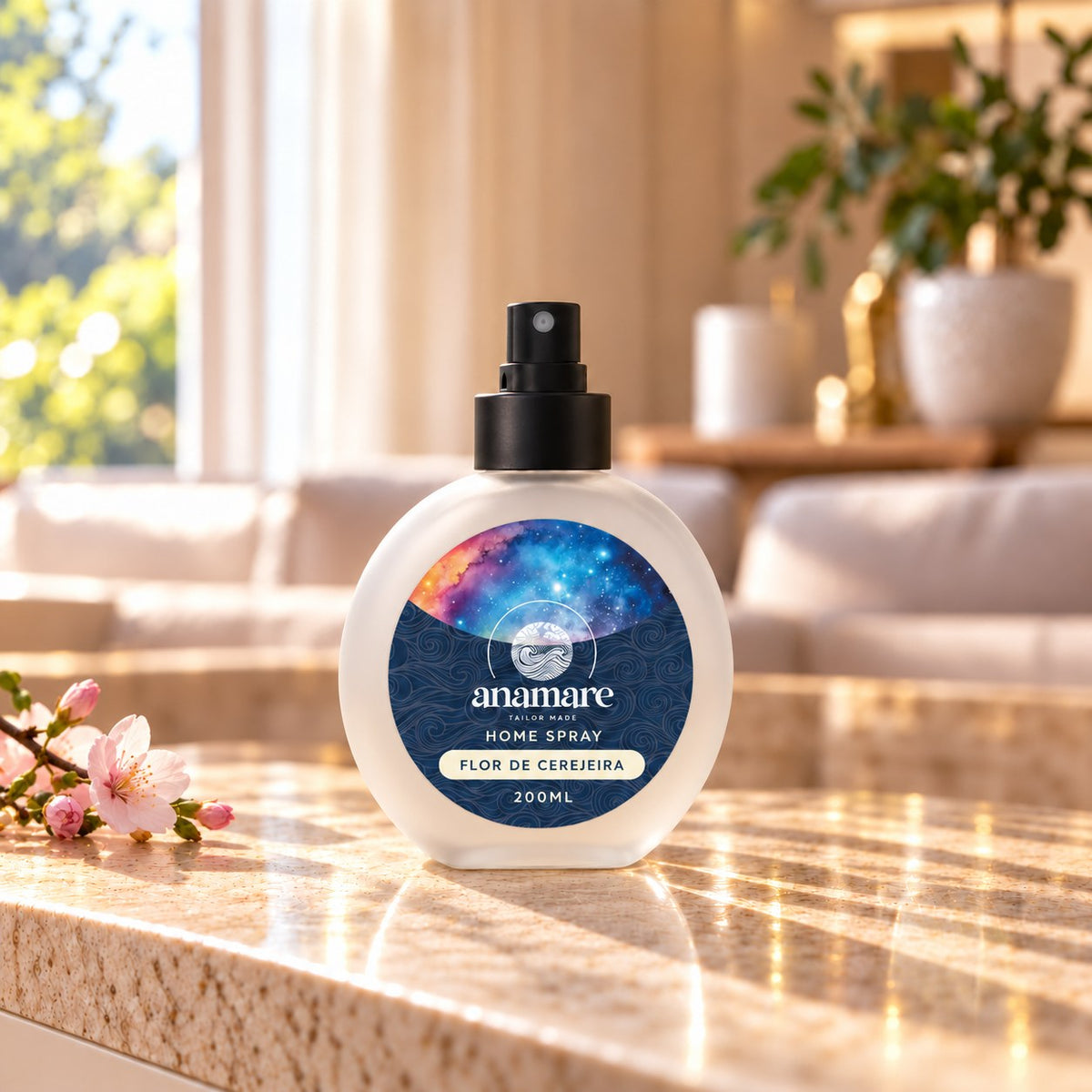 Home Spray Flor de Cerejeira 200 mL, frasco de vidro fosco com válvula preta, sobre bancada de granito na sala