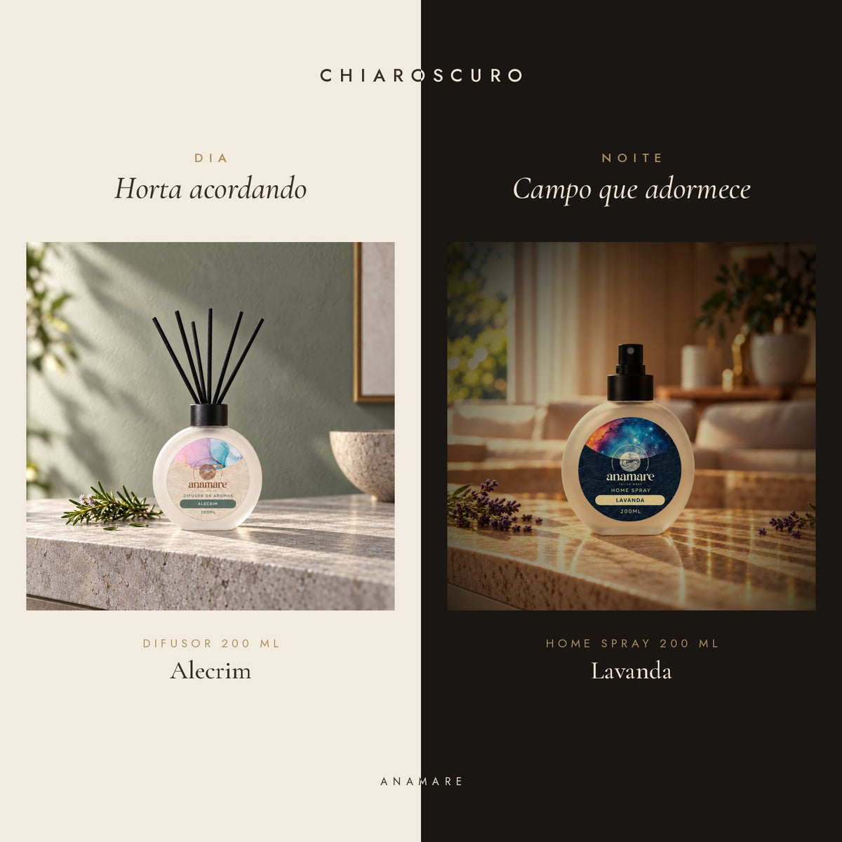 Kit Chiaroscuro Anamare: difusor de aromas 200 mL Alecrim para o dia e home spray 200 mL Lavanda para a noite