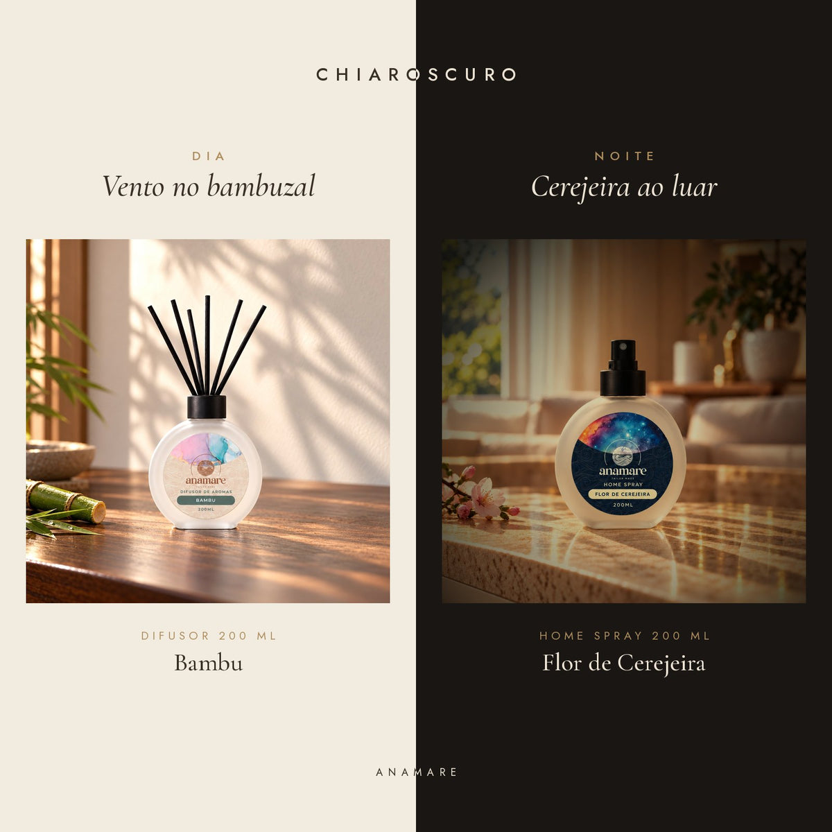 Kit Chiaroscuro Anamare: difusor de aromas 200 mL Bambu para o dia e home spray 200 mL Flor de Cerejeira para a noite
