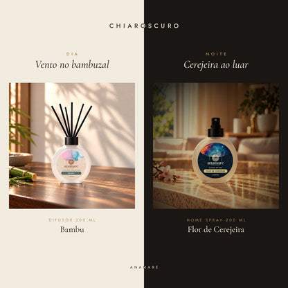 Kit Chiaroscuro Anamare: difusor de aromas 200 mL Bambu para o dia e home spray 200 mL Flor de Cerejeira para a noite