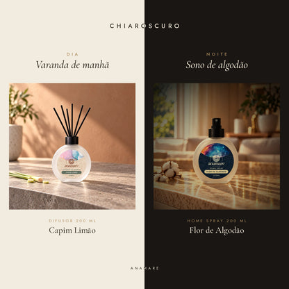 Kit Chiaroscuro Anamare: difusor de aromas 200 mL Capim Limão para o dia e home spray 200 mL Flor de Algodão para a noite