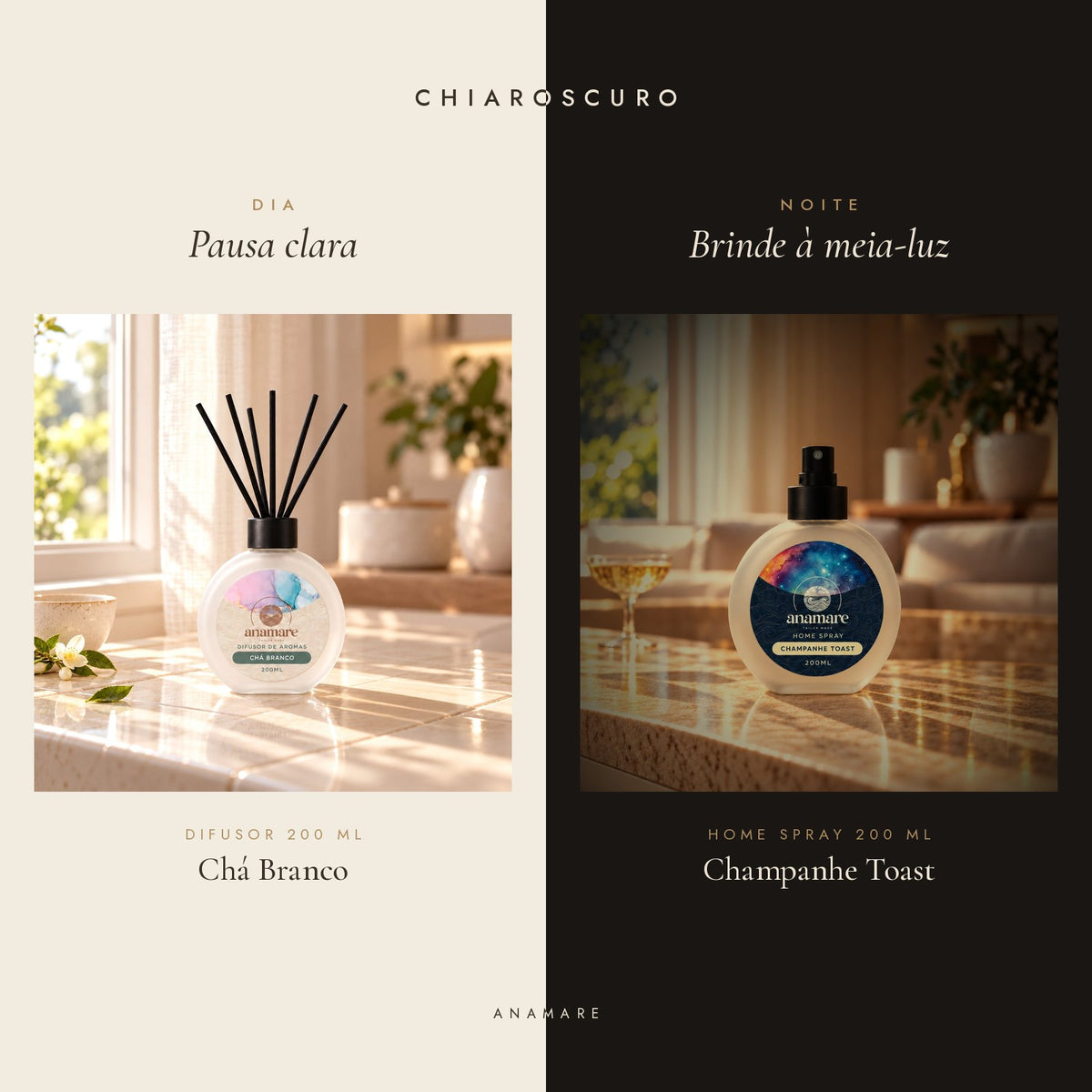 Kit Chiaroscuro Anamare: difusor de aromas 200 mL Chá Branco para o dia e home spray 200 mL Champanhe Toast para a noite