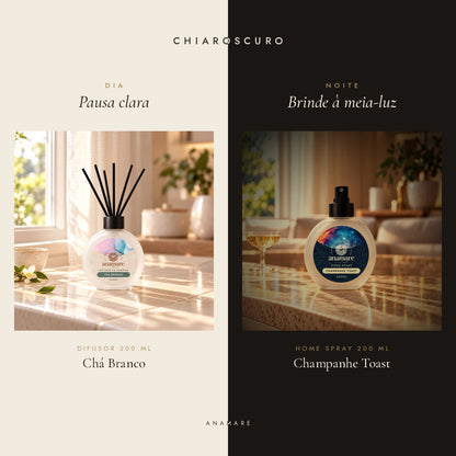 Kit Chiaroscuro Anamare: difusor de aromas 200 mL Chá Branco para o dia e home spray 200 mL Champanhe Toast para a noite