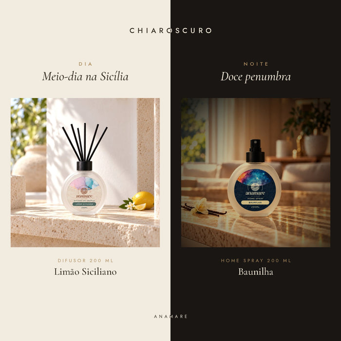 Kit Chiaroscuro Anamare: difusor de aromas 200 mL Limão Siciliano para o dia e home spray 200 mL Baunilha para a noite