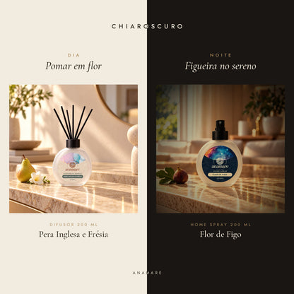 Kit Chiaroscuro Anamare: difusor de aromas 200 mL Pera Inglesa e Frésia para o dia e home spray 200 mL Flor de Figo para a noite
