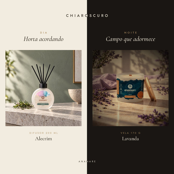 Kit Chiaroscuro Anamare: difusor de aromas 200 mL Alecrim para o dia e vela aromática 170 g Lavanda para a noite