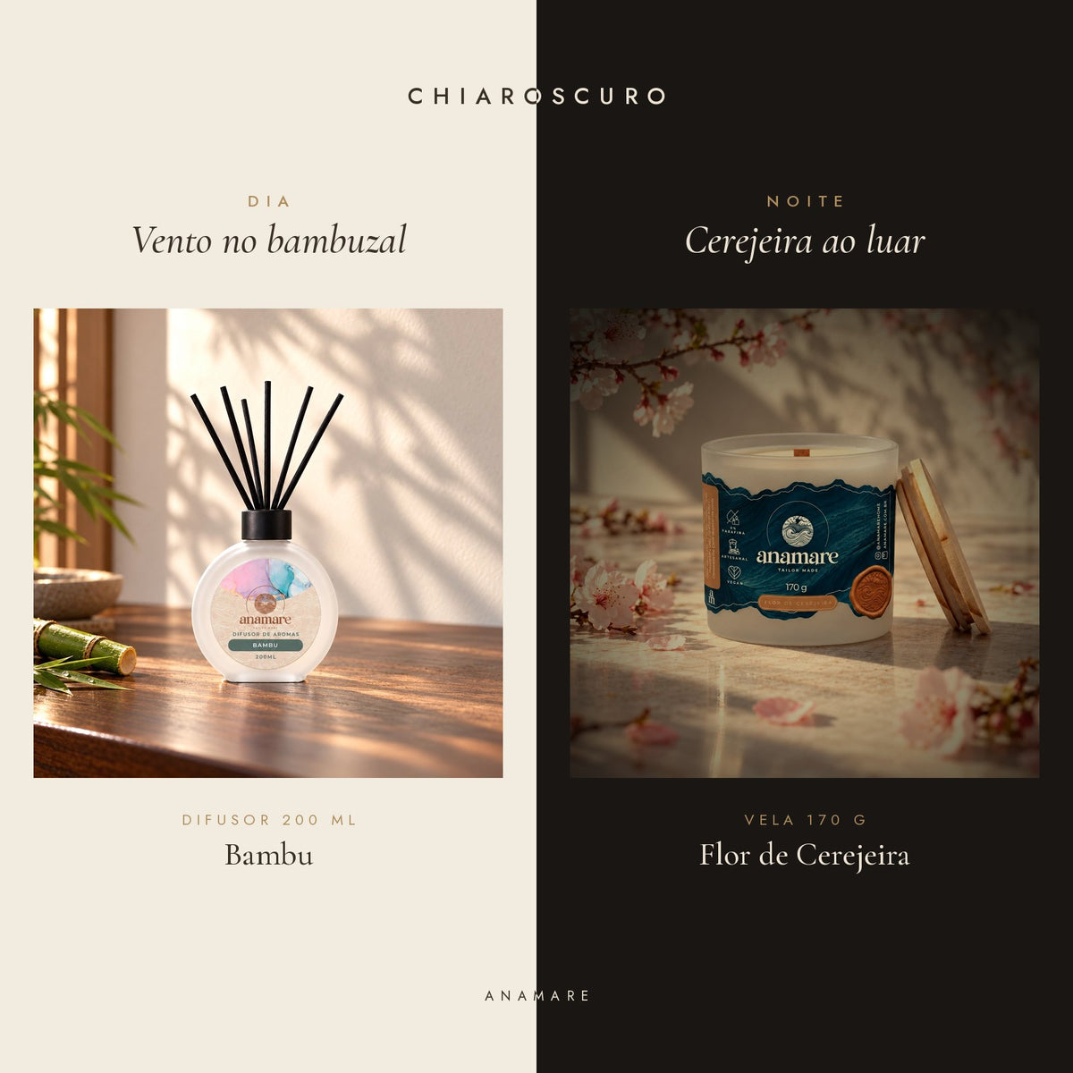 Kit Chiaroscuro Anamare: difusor de aromas 200 mL Bambu para o dia e vela aromática 170 g Flor de Cerejeira para a noite