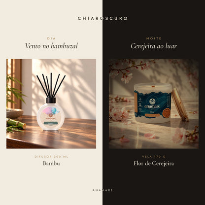 Kit Chiaroscuro Anamare: difusor de aromas 200 mL Bambu para o dia e vela aromática 170 g Flor de Cerejeira para a noite