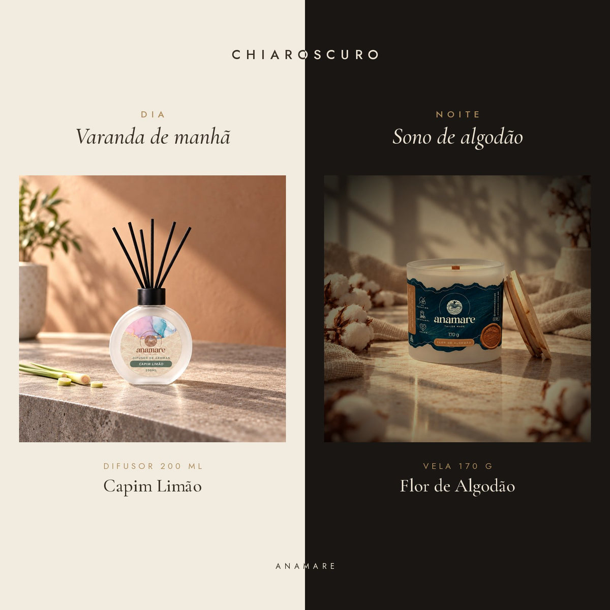 Kit Chiaroscuro Anamare: difusor de aromas 200 mL Capim Limão para o dia e vela aromática 170 g Flor de Algodão para a noite