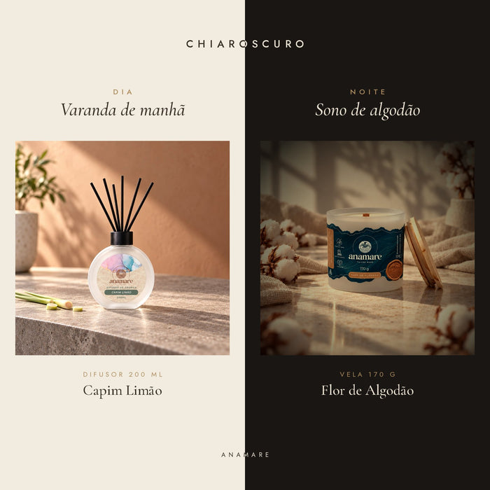Kit Chiaroscuro Anamare: difusor de aromas 200 mL Capim Limão para o dia e vela aromática 170 g Flor de Algodão para a noite