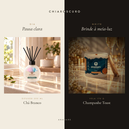 Kit Chiaroscuro Anamare: difusor de aromas 200 mL Chá Branco para o dia e vela aromática 170 g Champanhe Toast para a noite