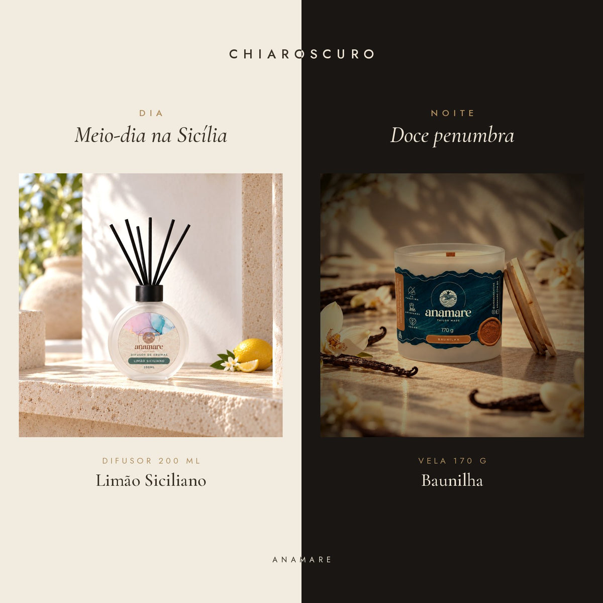 Kit Chiaroscuro Anamare: difusor de aromas 200 mL Limão Siciliano para o dia e vela aromática 170 g Baunilha para a noite