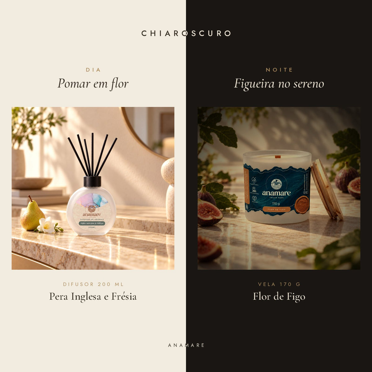 Kit Chiaroscuro Anamare: difusor de aromas 200 mL Pera Inglesa e Frésia para o dia e vela aromática 170 g Flor de Figo para a noite