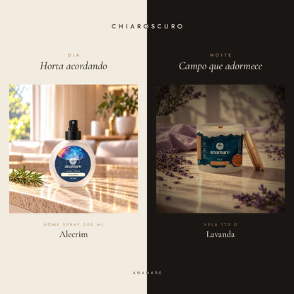 Kit Chiaroscuro Anamare: home spray 200 mL Alecrim para o dia e vela aromática 170 g Lavanda para a noite