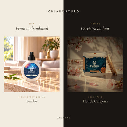 Kit Chiaroscuro Anamare: home spray 200 mL Bambu para o dia e vela aromática 170 g Flor de Cerejeira para a noite