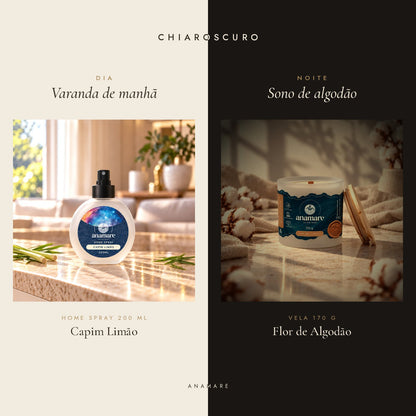 Kit Chiaroscuro Anamare: home spray 200 mL Capim Limão para o dia e vela aromática 170 g Flor de Algodão para a noite