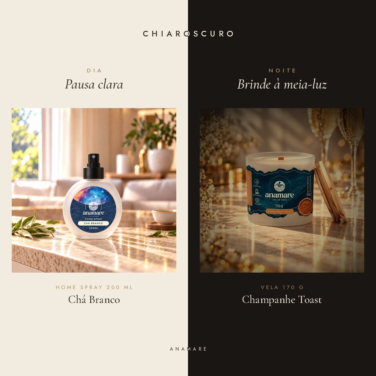 Kit Chiaroscuro Anamare: home spray 200 mL Chá Branco para o dia e vela aromática 170 g Champanhe Toast para a noite