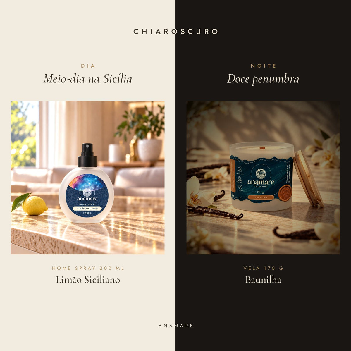 Kit Chiaroscuro Anamare: home spray 200 mL Limão Siciliano para o dia e vela aromática 170 g Baunilha para a noite