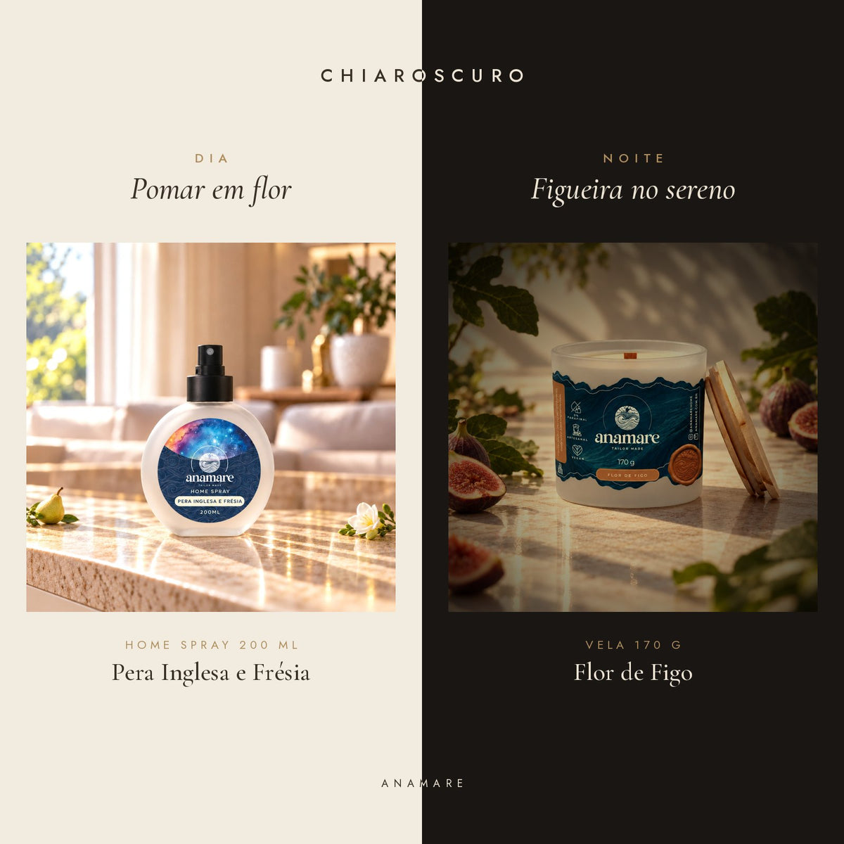 Kit Chiaroscuro Anamare: home spray 200 mL Pera Inglesa e Frésia para o dia e vela aromática 170 g Flor de Figo para a noite