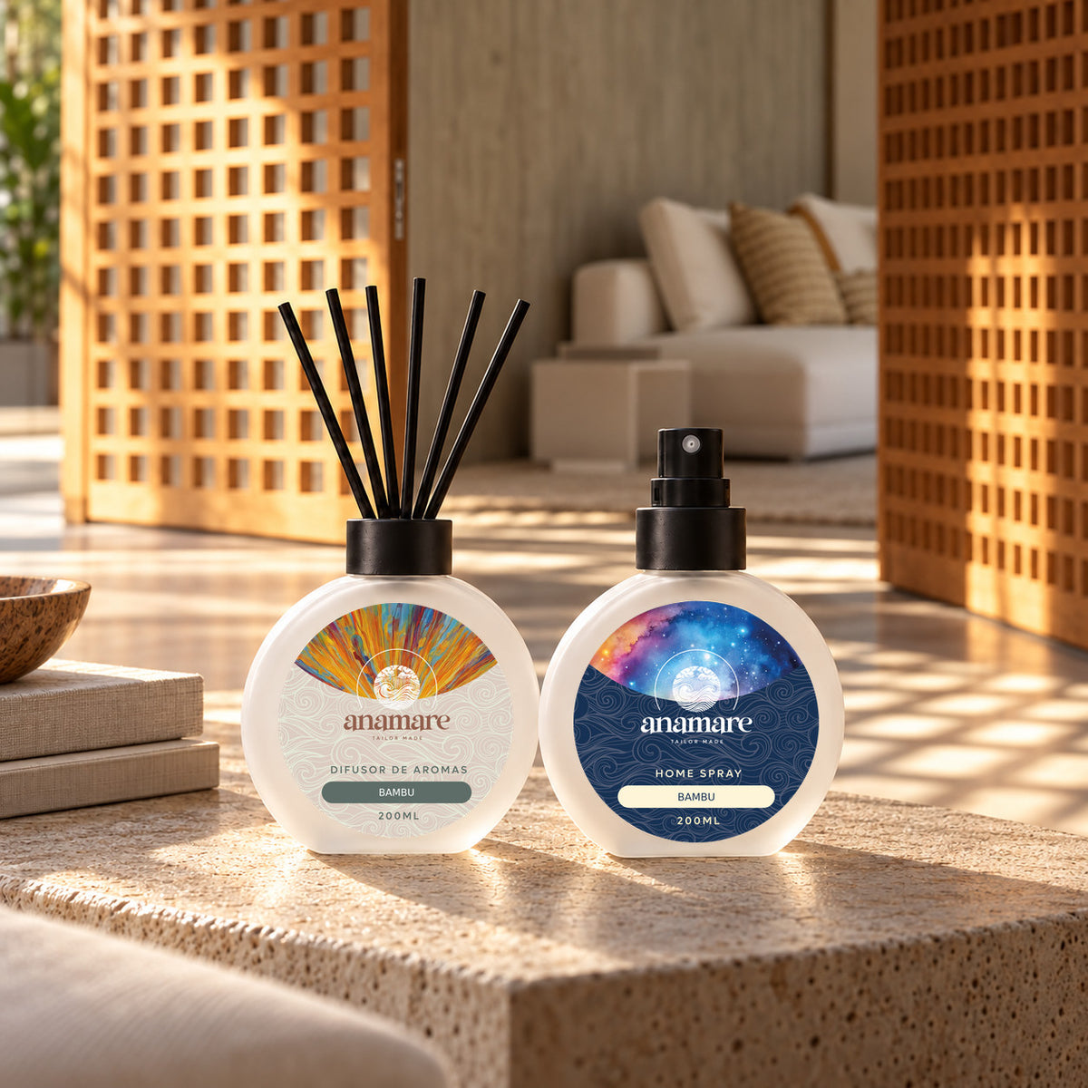 Kit Difusor de Aromas e Home Spray 200 mL Anamare na fragrância Bambu, em ambiente de sala