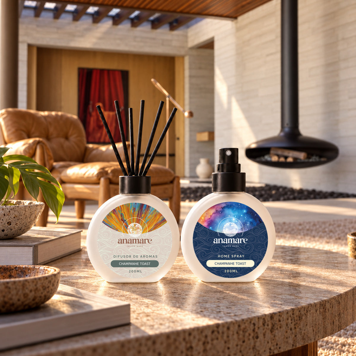 Kit Difusor de Aromas e Home Spray 200 mL Anamare na fragrância Champanhe Toast, em ambiente de sala