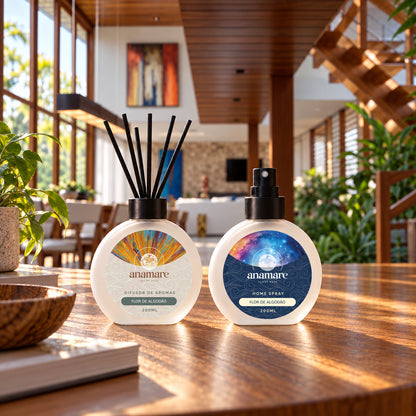 Kit Difusor de Aromas e Home Spray 200 mL Anamare na fragrância Flor de Algodão, em ambiente de sala