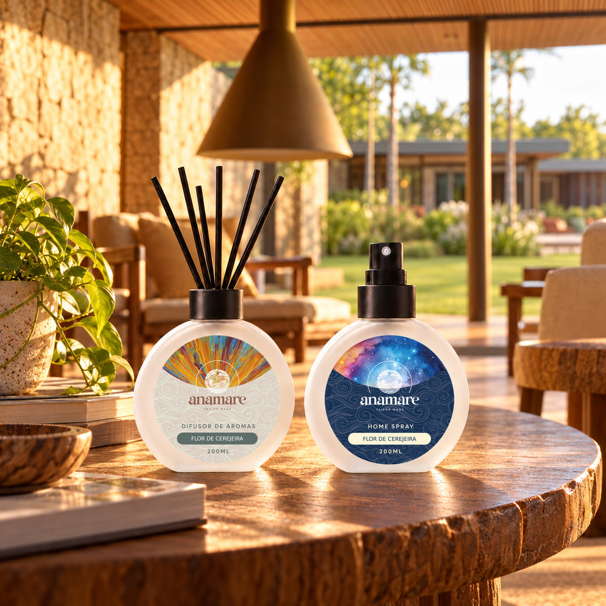 Kit Difusor de Aromas e Home Spray 200 mL Anamare na fragrância Flor de Cerejeira, em ambiente de sala