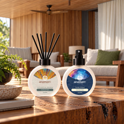 Kit Difusor de Aromas e Home Spray 200 mL Anamare na fragrância Flor de Figo, em ambiente de sala