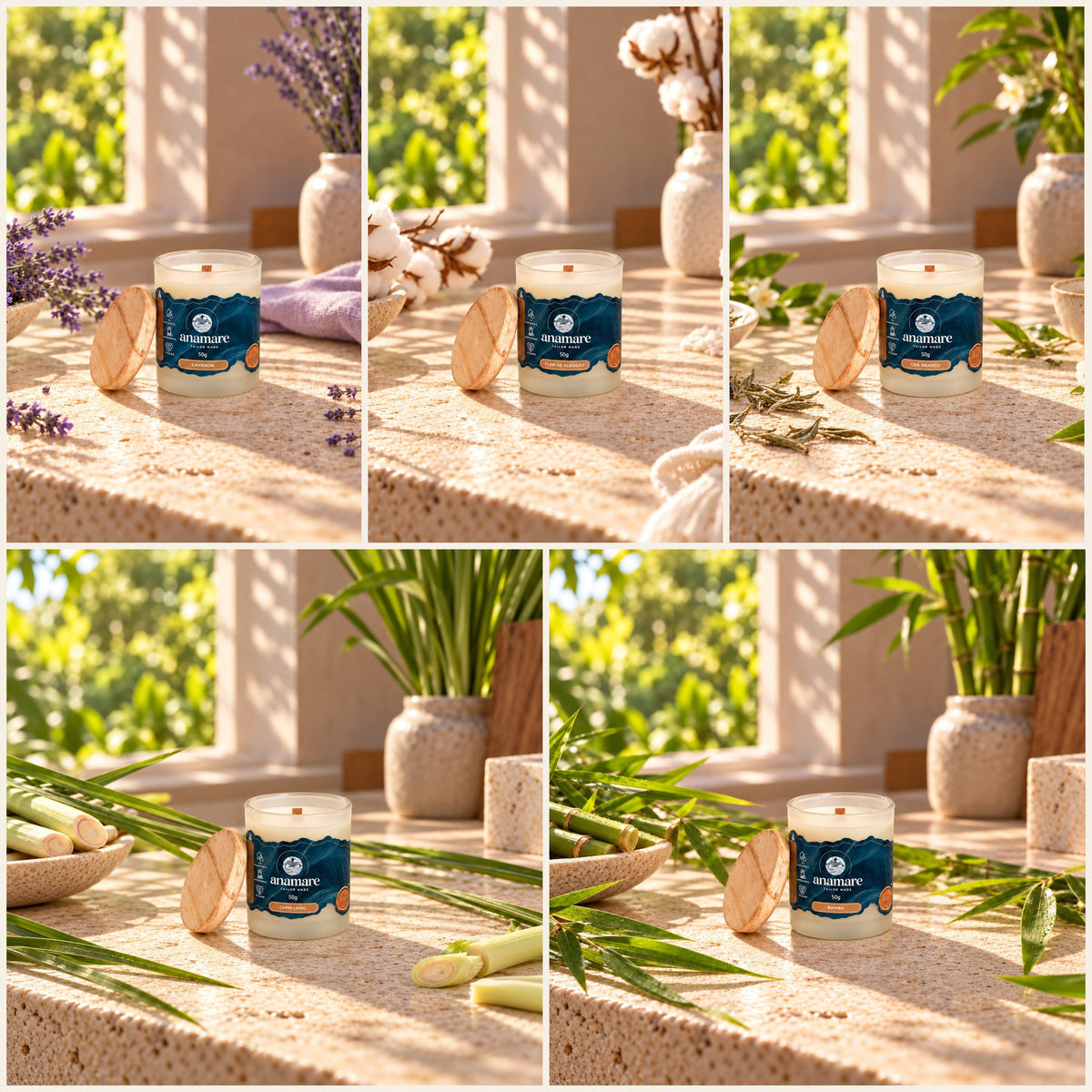 Kit Experimentação com 5 velas aromáticas de 50 g: Lavanda, Flor de Algodão, Chá Branco, Capim Limão e Bambu