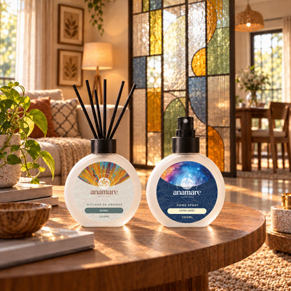 Kit Layering Anamare: Difusor de Aromas Bambu e Home Spray Capim Limão, 200 mL cada, em ambiente de sala