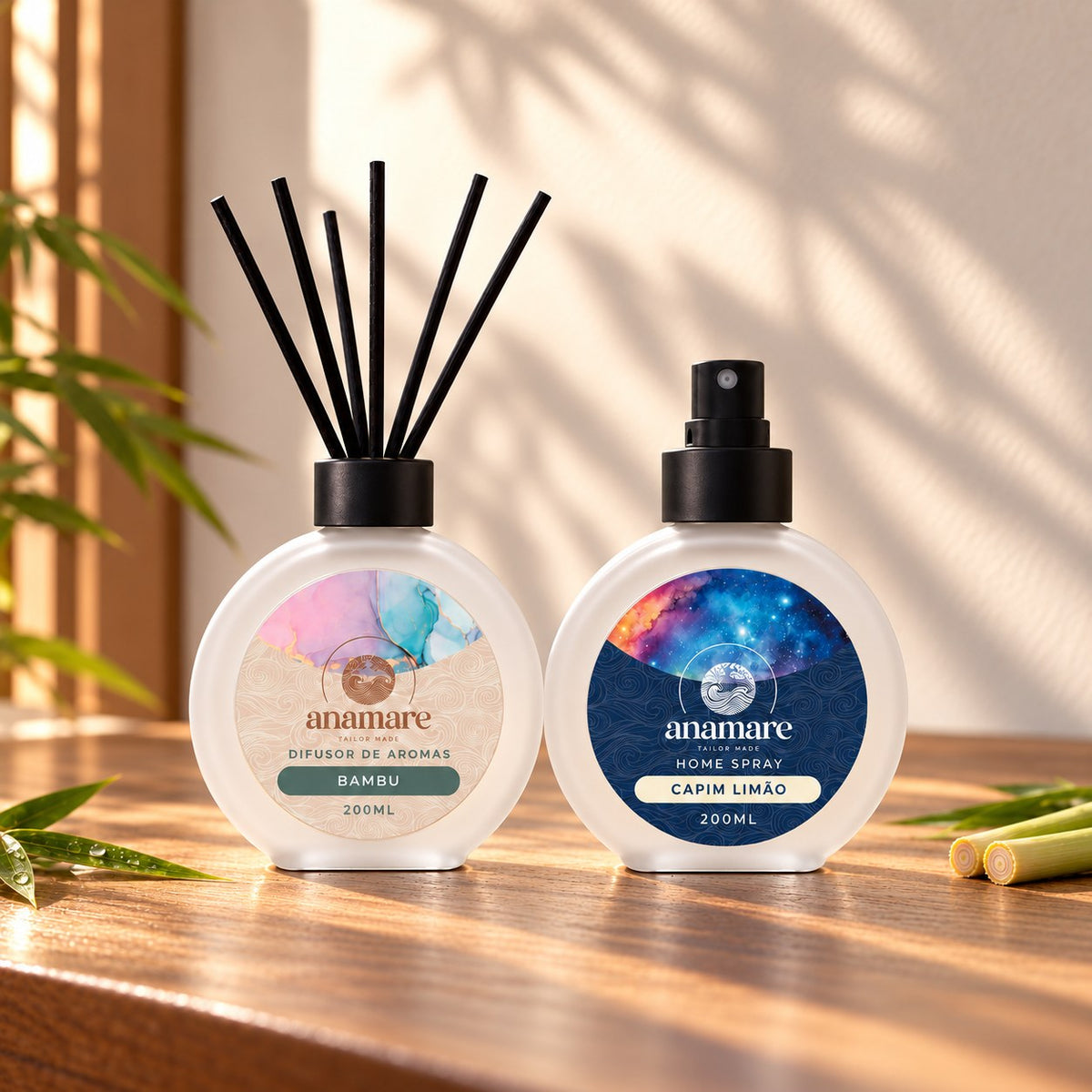Difusor de Aromas Bambu e Home Spray Capim Limão 200 mL lado a lado, para layering