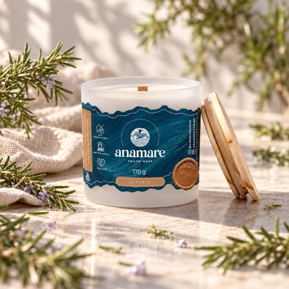 Vela aromática Grand 170 g Alecrim, pote de vidro fosco com pavio de madeira e tampa de madeira ao lado
