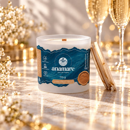 Vela aromática Grand 170 g Champanhe Toast, pote de vidro fosco com pavio de madeira e tampa de madeira ao lado