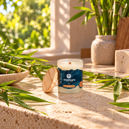 Vela aromática Bambu 50 g, pote de vidro com tampa, em cena