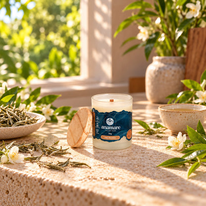 Vela aromática Chá Branco 50 g, pote de vidro com tampa, em cena