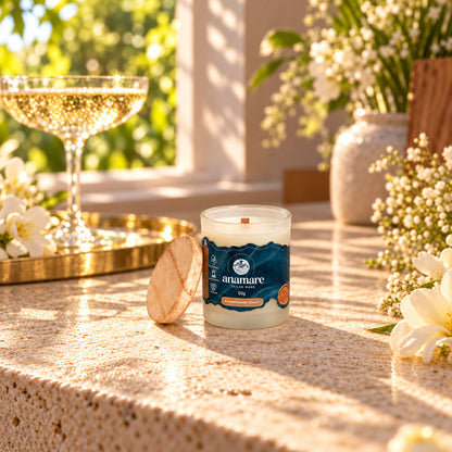 Vela aromática Champanhe Toast 50 g, pote de vidro com tampa, em cena