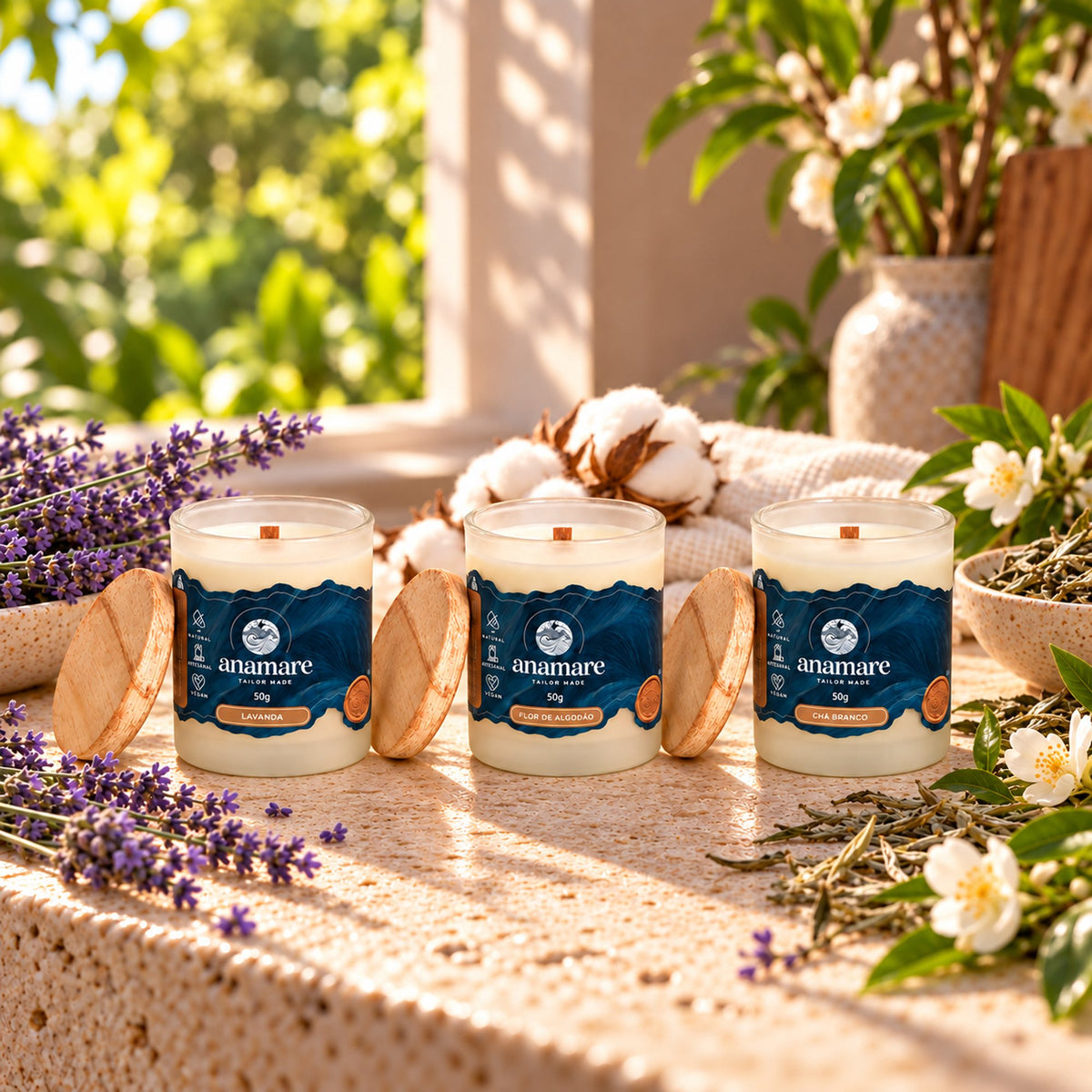 Trio de velas aromáticas 50 g Lavanda, Flor de Algodão e Chá Branco
