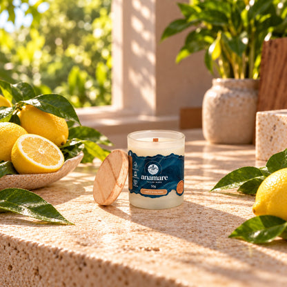 Vela aromática Limão Siciliano 50 g, pote de vidro com tampa, em cena